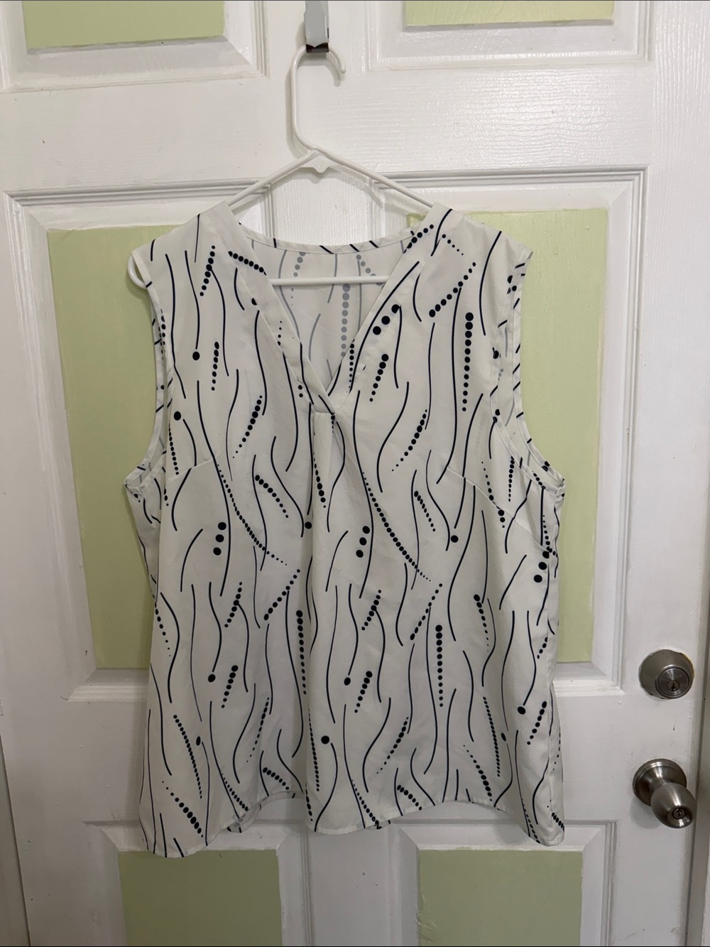White Sleeveless V-Neck Camisole with Navy Abstract Print
